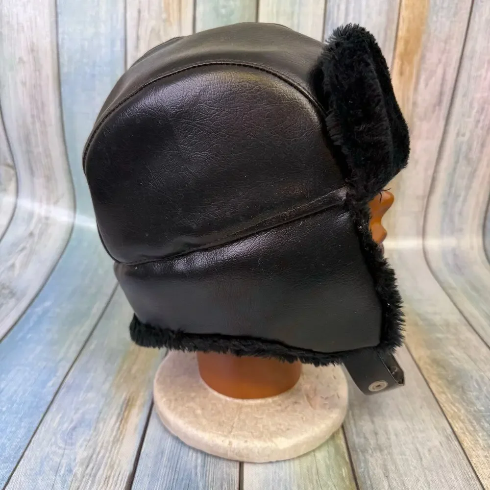 Black Leather Vintage Trooper Hat Made in Korea Cousin Eddie Ear Flap Aviator